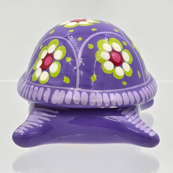 Mexican Folk Art Purple Turtle Terra Cotta Trinket Box with Removable Lid - Picture 4 of 9